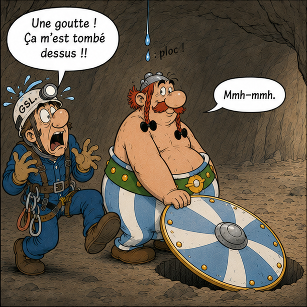 Case 2 : le débutant panique à cause d'une goutte d'eau, tandis qu'Obélix bloque distraitement l'accès à un vrai à-pic avec son bouclier.