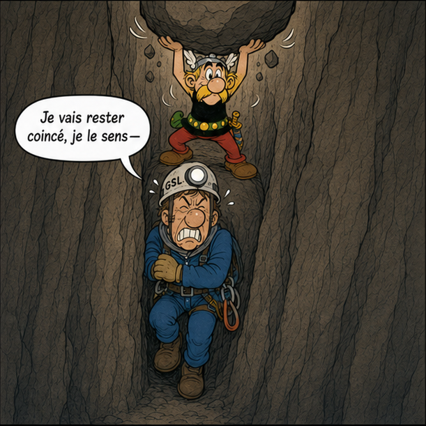 Case 3 : le débutant, terrifié à l'idée de rester coincé, ne voit pas Astérix retenir à bout de bras un rocher au-dessus de lui.