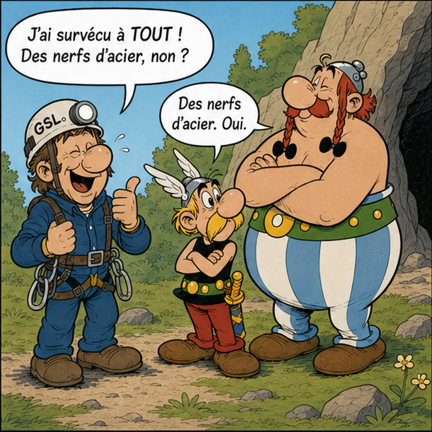 Case 4 : dehors, le débutant se vante d'avoir des nerfs d'acier ; Astérix et Obélix, bras croisés, acquiescent d'un air entendu.