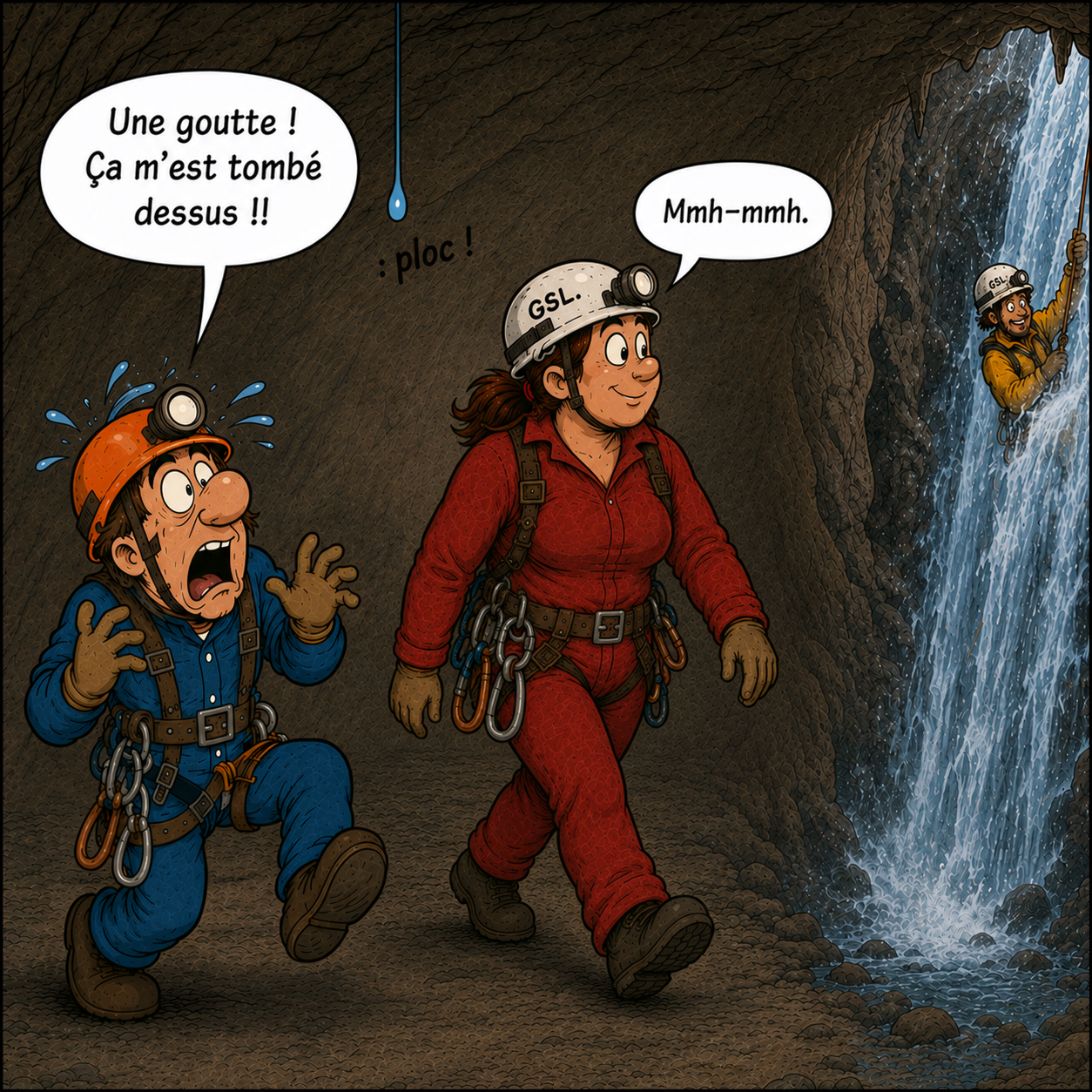 Case 2 : le débutant panique à cause d'une goutte d'eau, tandis qu'Obélix bloque distraitement l'accès à un vrai à-pic avec son bouclier.