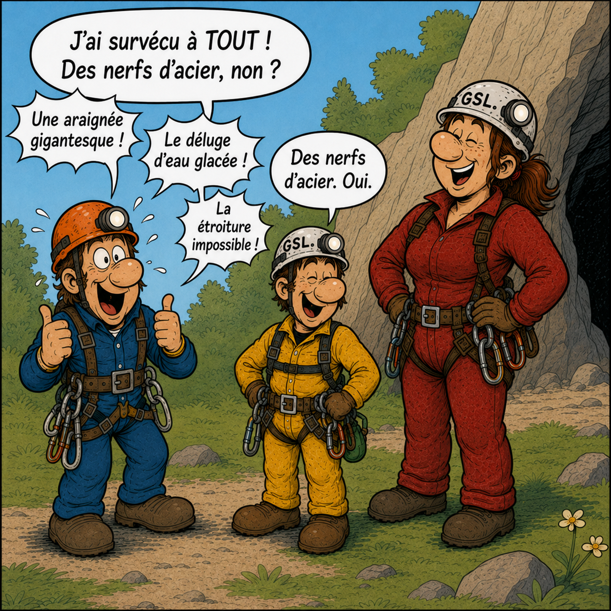 Case 4 : dehors, le débutant se vante d'avoir des nerfs d'acier ; Astérix et Obélix, bras croisés, acquiescent d'un air entendu.
