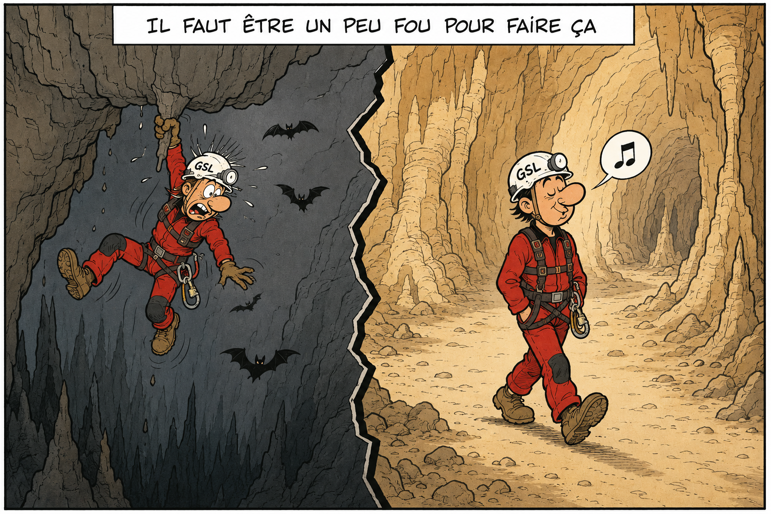 Illustration : mythe de la spéléologie réservée aux personnes un peu folles.