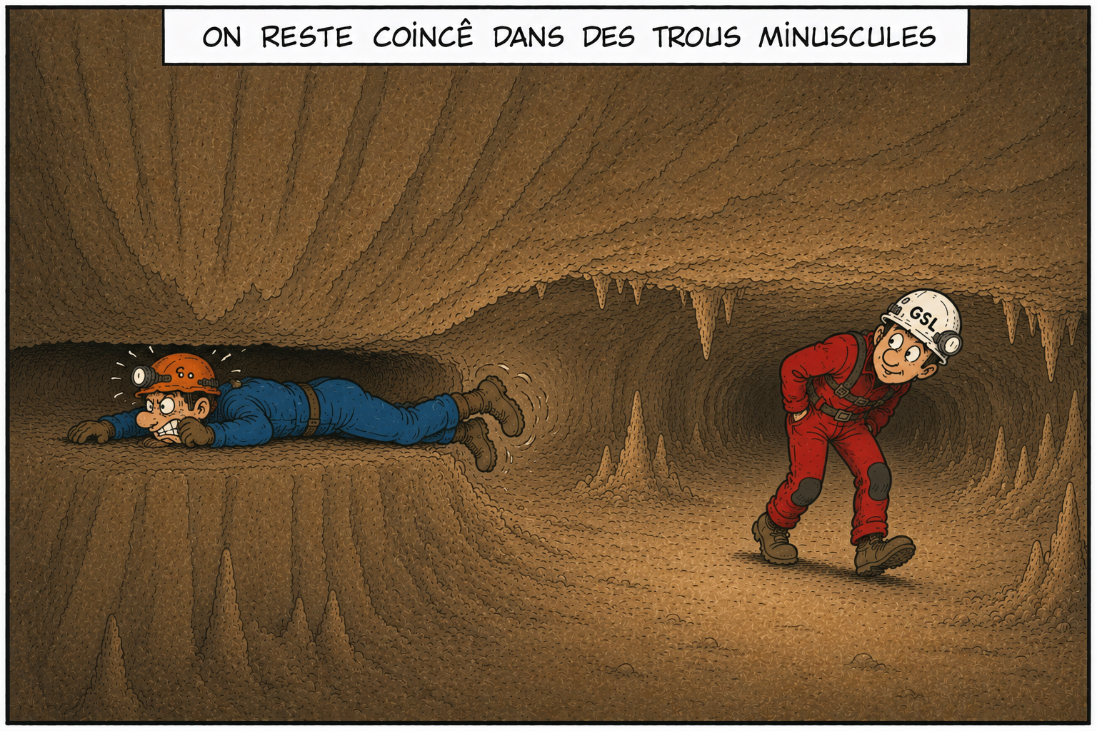 Illustration : mythe des passages minuscules où l'on reste coincé.